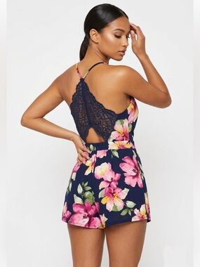 The Vintage Shop Romper Navy/Pink/Purple Floral Small Deep V Neckline Lace Back